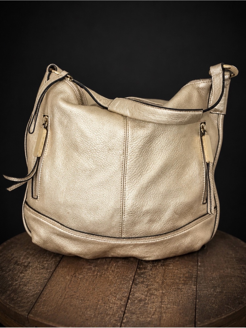 B. Makowsky gold metallic pebbled leather hobo shoulder bag,